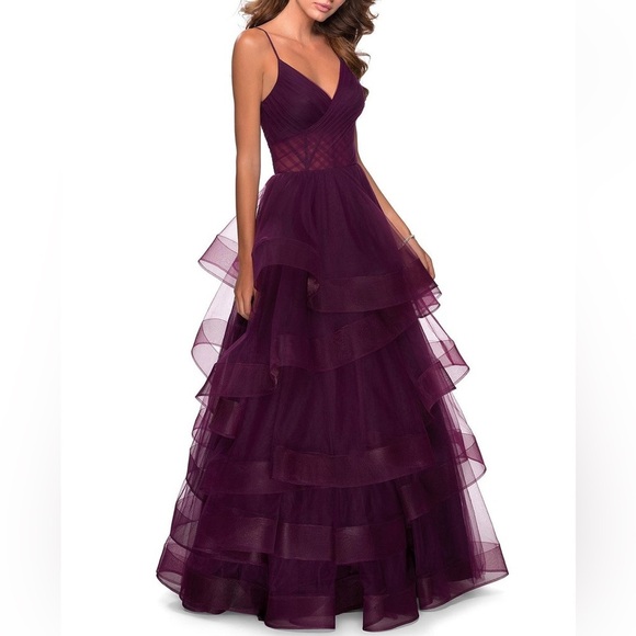La Femme Dark Berry Tiered Ruffle Tulle Maxi Prom Dress - Picture 3 of 9